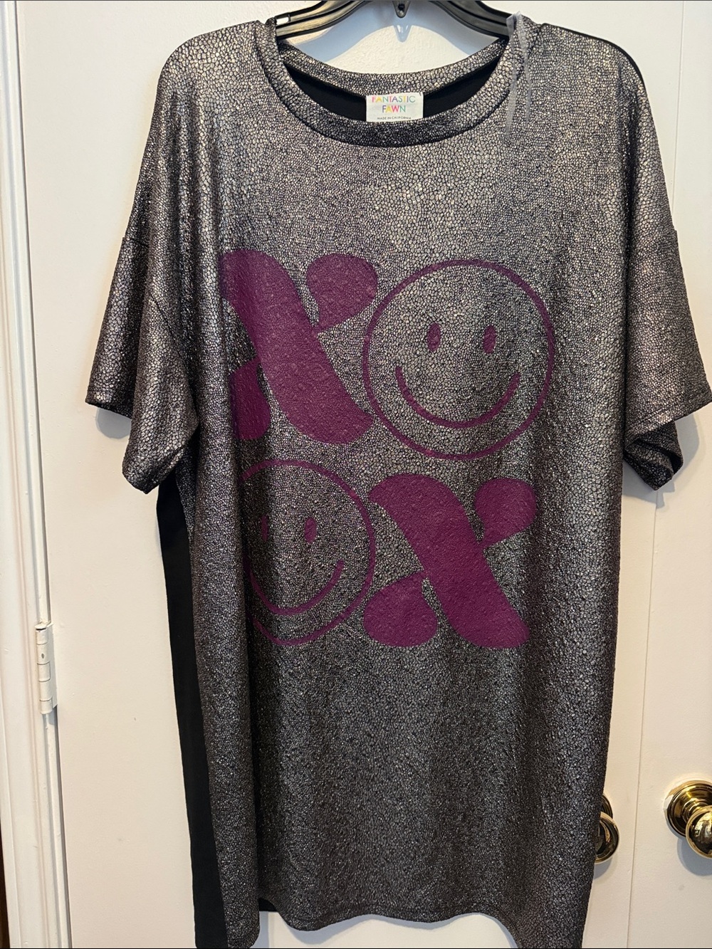 Metallic Silver Glitter Shirt  Dress with Purple Smiley Graphic